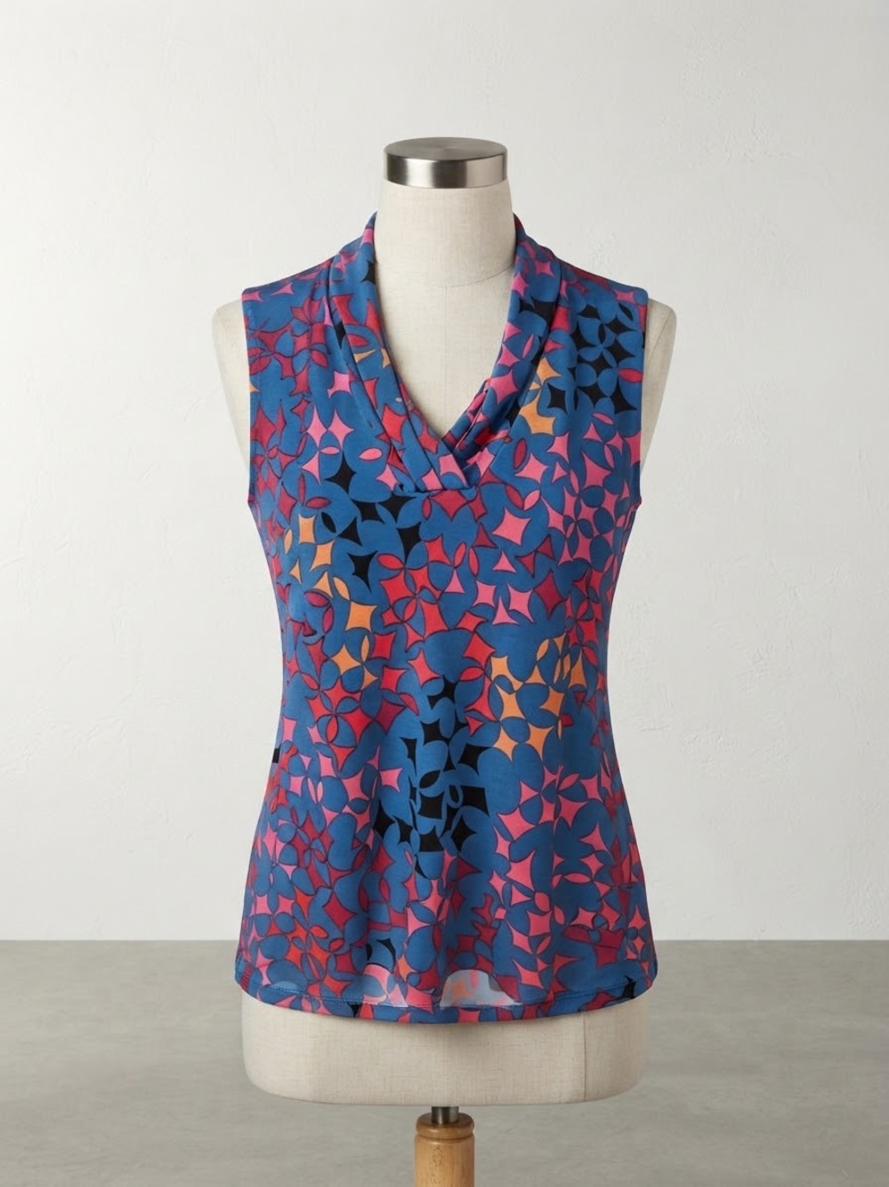 Anne Klein Blue Multi Geometric Cowl Neck Sleeveless Top
